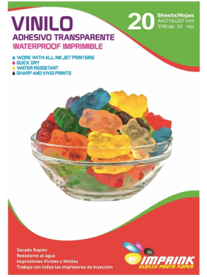 Vinilo Adhesivo Transparente Imprimible / A4 / 20 Hojas (Imprink)