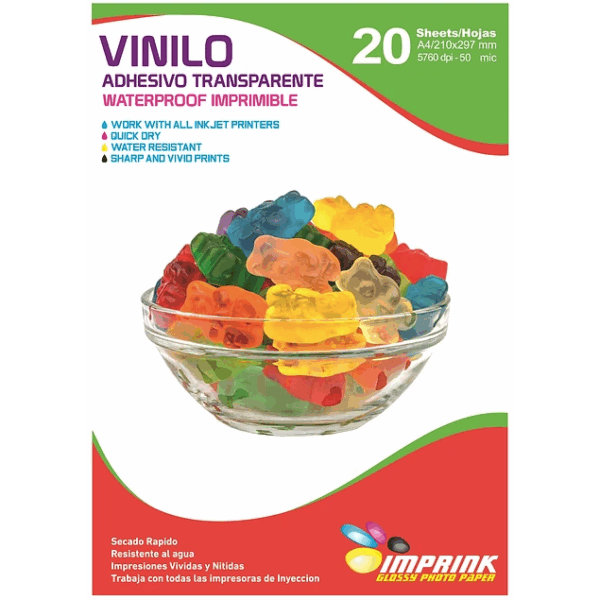 Vinilo Adhesivo Transparente Imprimible / A4 / 20 Hojas (Imprink)