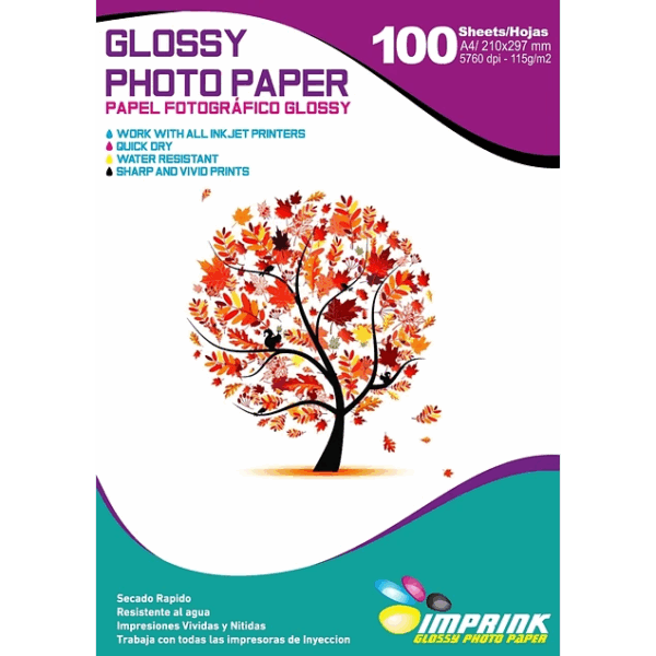 Papel Fotográfico Glossy / A4 / 115 gr / 100 Hojas (Imprink)