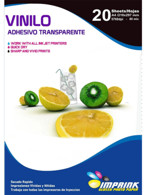 Vinilo Adhesivo Transparente Cristalino Imprimible / A4 / 20 Hojas (Imprink)
