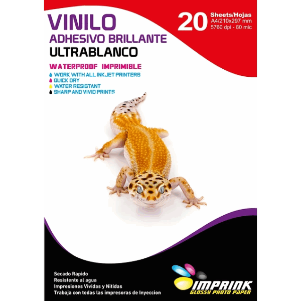 Vinilo Adhesivo Ultra Blanco Imprimible / A4 / 20 Hojas (Imprink)