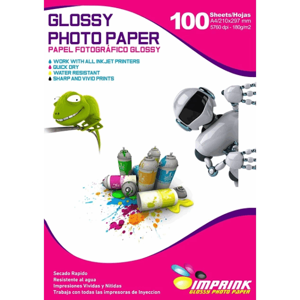 Papel Fotográfico Glossy / A4 / 180 gr / 100 Hojas (Imprink)