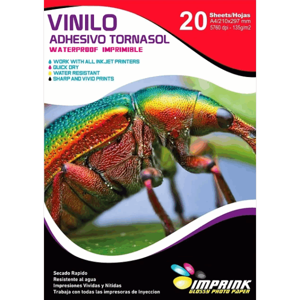 Vinilo Adhesivo Tornasol Imprimible / A4 / 20 Hojas (Imprink)