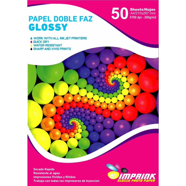 Papel Fotográfico Glossy Doble Faz / A4 / 260 gr / 50 Hojas (Imprink)