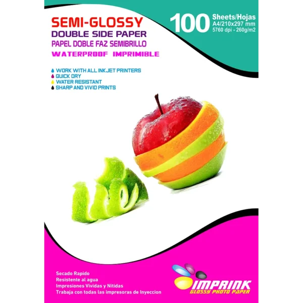Papel Fotográfico Semi-Glossy Doble Faz / A4 / 260 gr / 100 Hojas (Imprink)