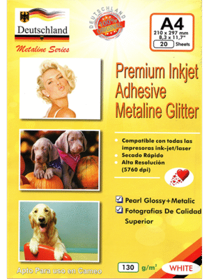 Papel Fotográfico Adhesivo Metálico Glitter / A4 / 130 gr / 20 Hojas (Deutschland)