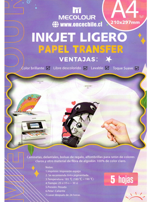 Papel Transfer Para Telas Claras / A4 / 5 Hojas